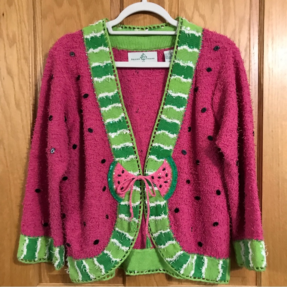 Vintage Design Options by Philip & Jane Gordon fuzzy watermelon cardigan